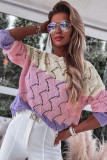 Pink Color Block Hollow Knitted Loose Sweater