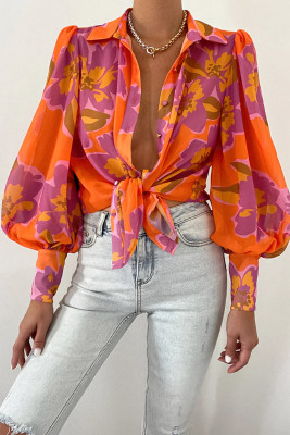 Orange Floral Print Lantern Sleeve Shirt