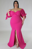Rose Bow Tie Puff Sleeve Plus Size High Slit Maxi Dress