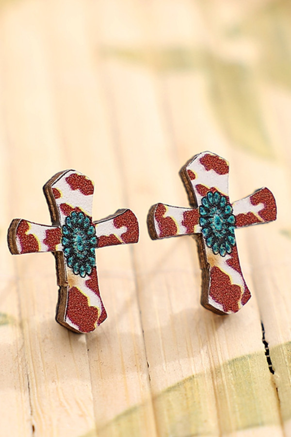 Wood Cow Print Cross Earrings