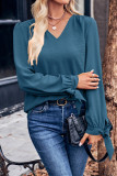 Plain V Neck Puff Sleeves Top