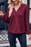 Plain Texture V Neck Lace Edge Blouse