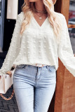 Plain V Neck Jacquard Spot Puff Blouse