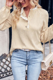 Plain Texture Cable Buttoned Lace Edge Long Sleeves Top