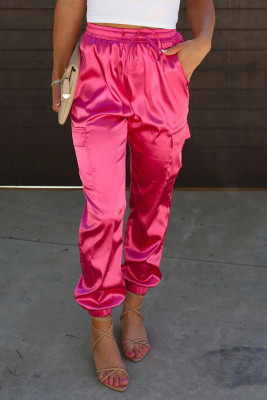 Rose Satin Pocketed Drawstring Elastic Waist Pants