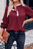 Plain Texture Cable Buttoned Lace Edge Long Sleeves Top
