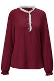 Plain Texture Cable Buttoned Lace Edge Long Sleeves Top