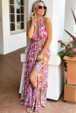 Pink Lace-up Halter Backless High Waist Floral Maxi Dress