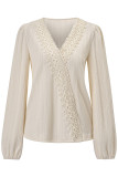 Plain Texture V Neck Lace Edge Blouse