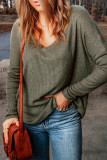 Green Loose Ribbed Knit V Neck Long Sleeve Top