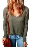 Green Loose Ribbed Knit V Neck Long Sleeve Top