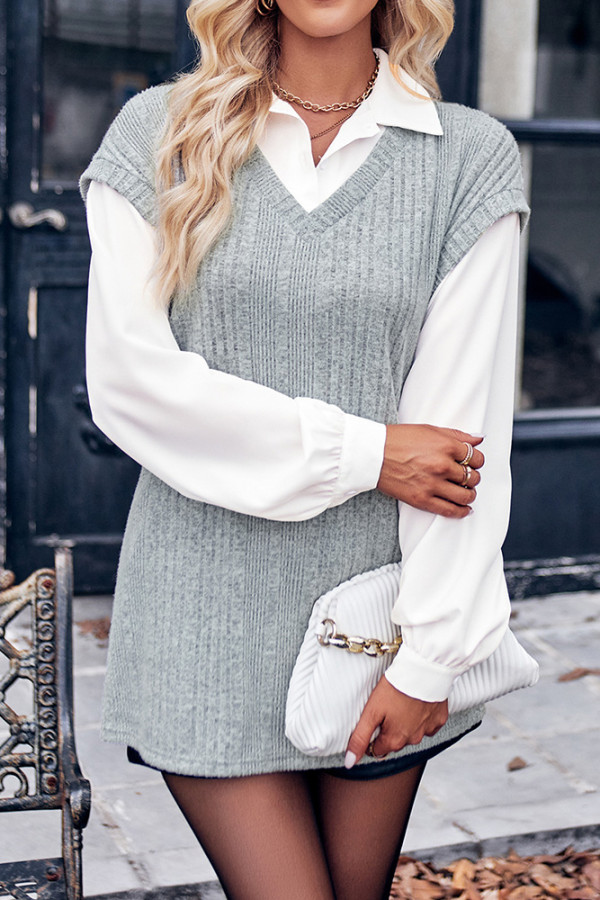 White Blouse With Knit Vest Fake Two Pieces Shirt