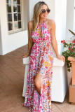 Pink Lace-up Halter Backless High Waist Floral Maxi Dress