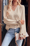 Plain V Neck Puff Sleeves Top