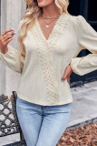 Plain Texture V Neck Lace Edge Blouse