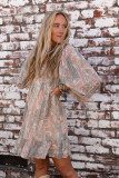 Multicolor Abstract Print Shirred V Neck Ruffle Mini Dress