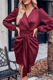 V Neck Plain Tie Wasit Dress