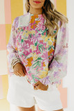 Purple Floral Patchwork Lace Trim Blouse