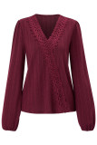 Plain Texture V Neck Lace Edge Blouse