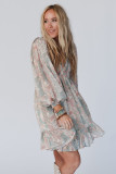 Multicolor Abstract Print Shirred V Neck Ruffle Mini Dress