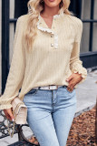 Plain Texture Cable Buttoned Lace Edge Long Sleeves Top