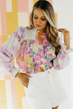 Purple Floral Patchwork Lace Trim Blouse