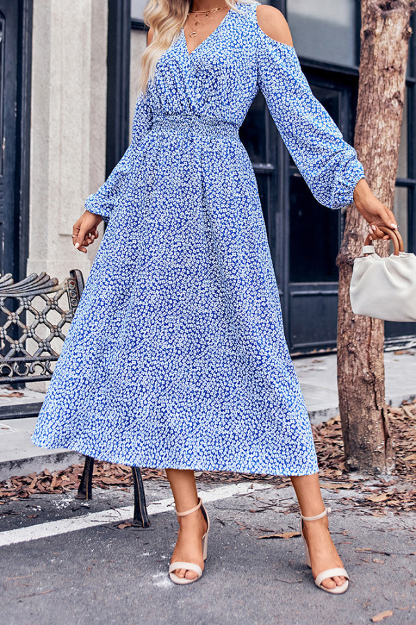 Cold Shoulder V Neck Flower Print Dress
