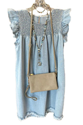 Light Blue Ruffle Smocked Raw Hem Denim Dress