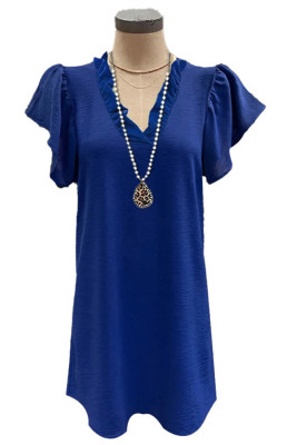 Blue V Neck Ruffle Dress