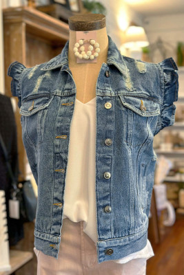 Ripped Button Up Ruffle Denim Jacket