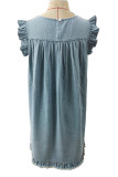 Light Blue Ruffle Smocked Raw Hem Denim Dress