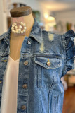 Ripped Button Up Ruffle Denim Jacket