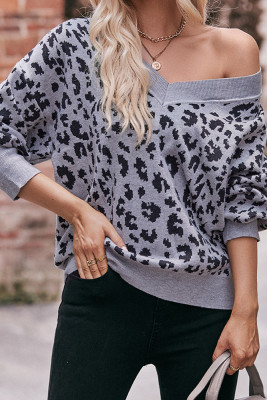 V Neck Leopard Knitting Pullover Sweater