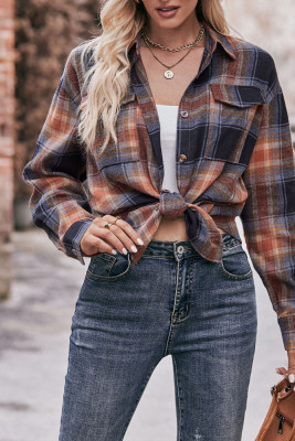 Plaid Open Button Pockets Blouse Shirt