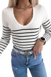 White Scalloped Trim Striped Print Sweater