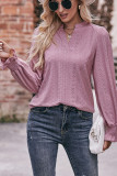 Plain Eyelet Pattern V Neck Puff Blouse