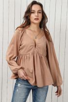 Orange Notched V-Neck Smocked Back Peplum Blouse