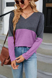 V Neck Color Block Long Sleeves Top