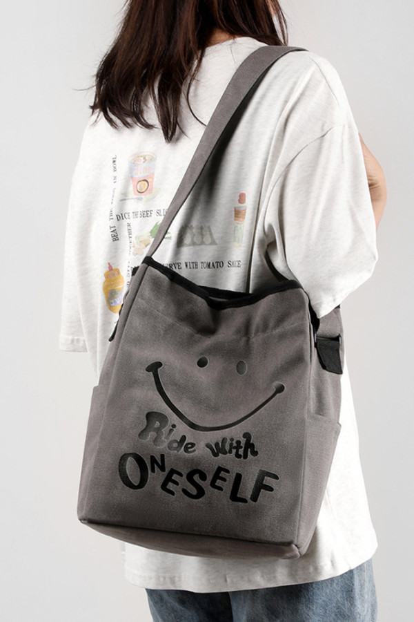 Smile Letter Print Drawstring Canvas Tote Bag MOQ 3pcs