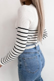 White Scalloped Trim Striped Print Sweater