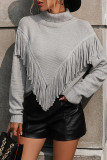 Plain Turtle Neck Fringe Knit Sweaters