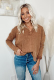 Brown V Neck Collared Retro Waffle Long Sleeve Top