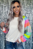 White Sequin Color Block Raglan Sleeve Pullover Sweatshirt