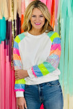 White Sequin Color Block Raglan Sleeve Pullover Sweatshirt