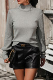 Plain Button Cuff High Collar Knit Sweater