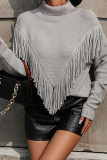 Plain Turtle Neck Fringe Knit Sweaters