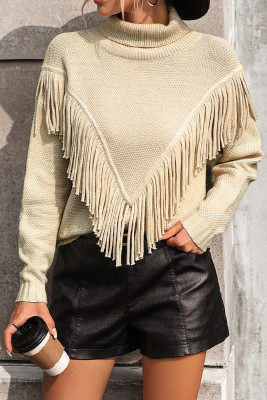 Plain Turtle Neck Fringe Knit Sweaters