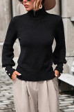 Plain Button Cuff High Collar Knit Sweater