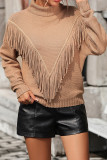 Plain Turtle Neck Fringe Knit Sweaters