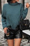Plain Turtle Neck Fringe Knit Sweaters
